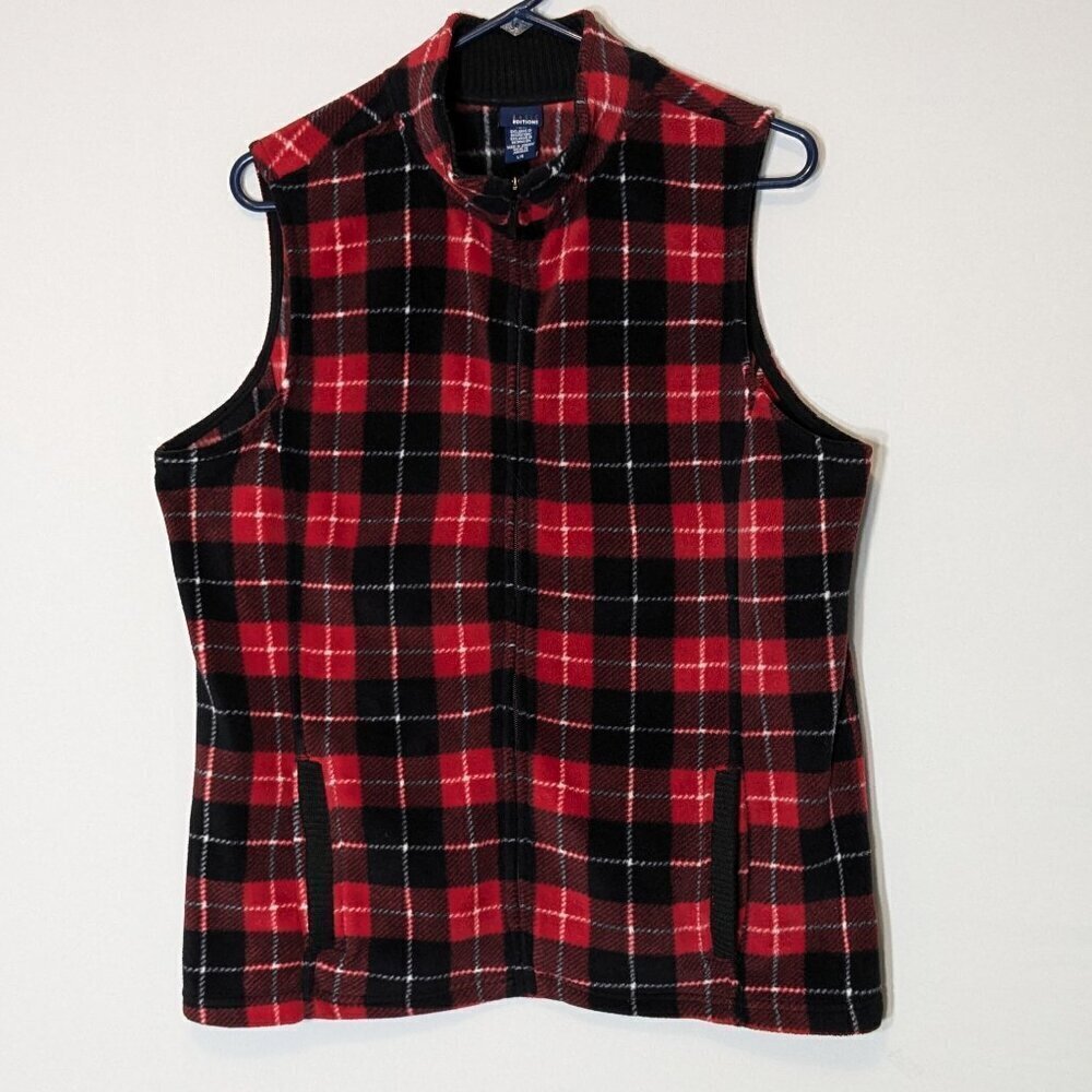 BASIC EDITIONS Red Plaid Fleece Full Zipper Collared Vest; Size L